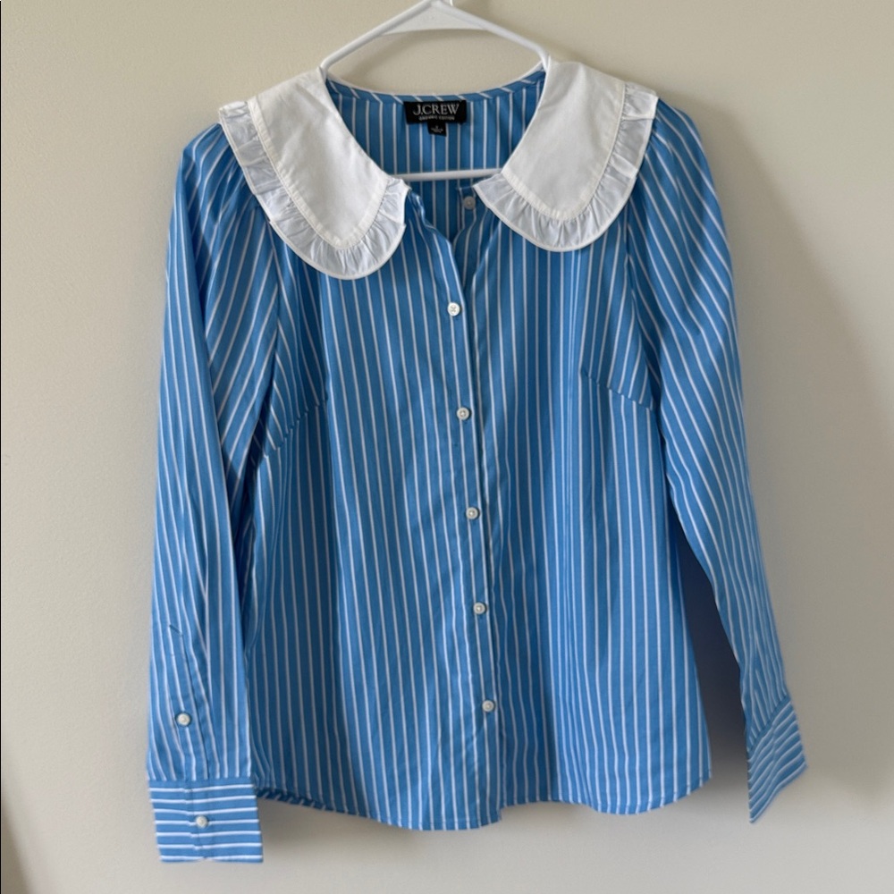 J. Crew Women’s Blue and White Striped Button Down Shirt